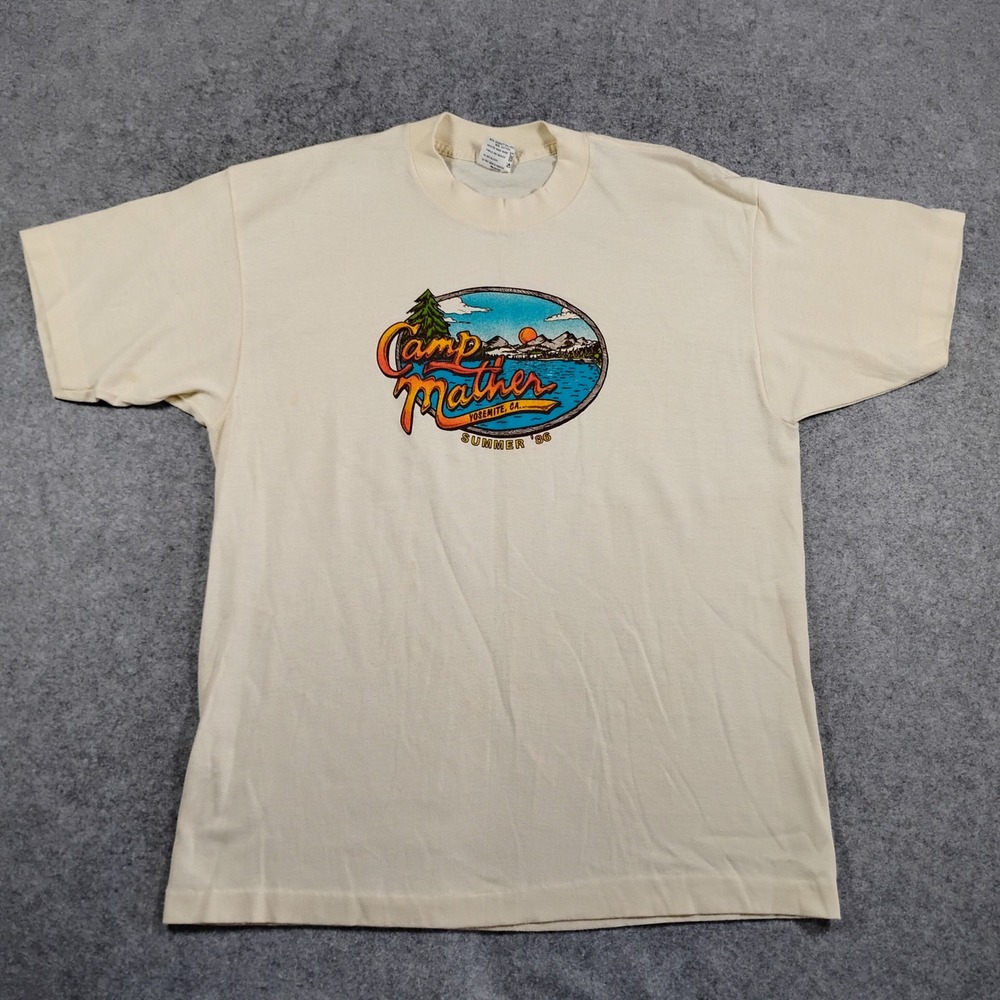 Vintage 1986 Camp Mather Yosemite CA Tee Jays HEF-T Shirt Mens XL Cream USA Made